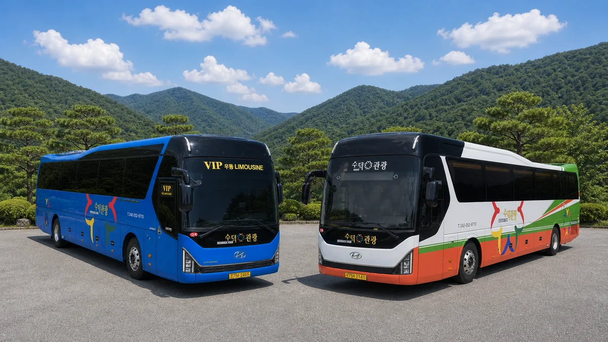 산악 관광도로에서 마주 보는 수덕관광 파란색과 흰색·초록색 차량