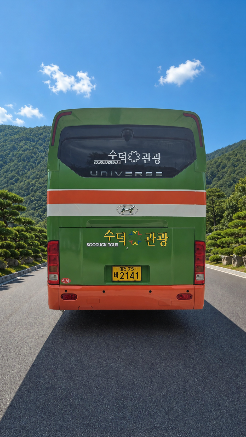 관광도로 배경의 수덕관광 흰색·초록색 차량 후면 전체 모습